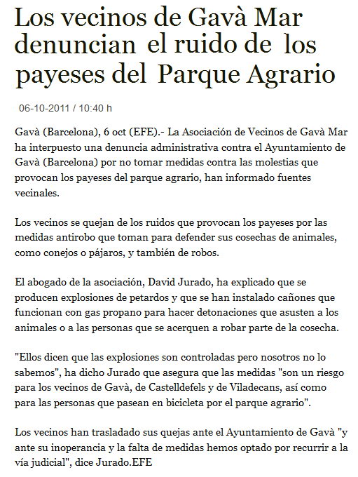 Noticia publicada por la agencia de noticias EFE sobre la denuncia interpuesta por la AVV de Gav Mar contra el Ayuntamiento de Gav por las explosiones que realizan los payeses cerca de Gav Mar (6 Octubre 2011)